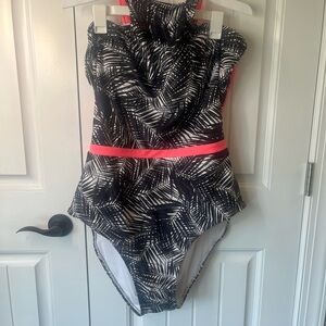 Time and Tru Black and White Swim One Piece with Pink Accent